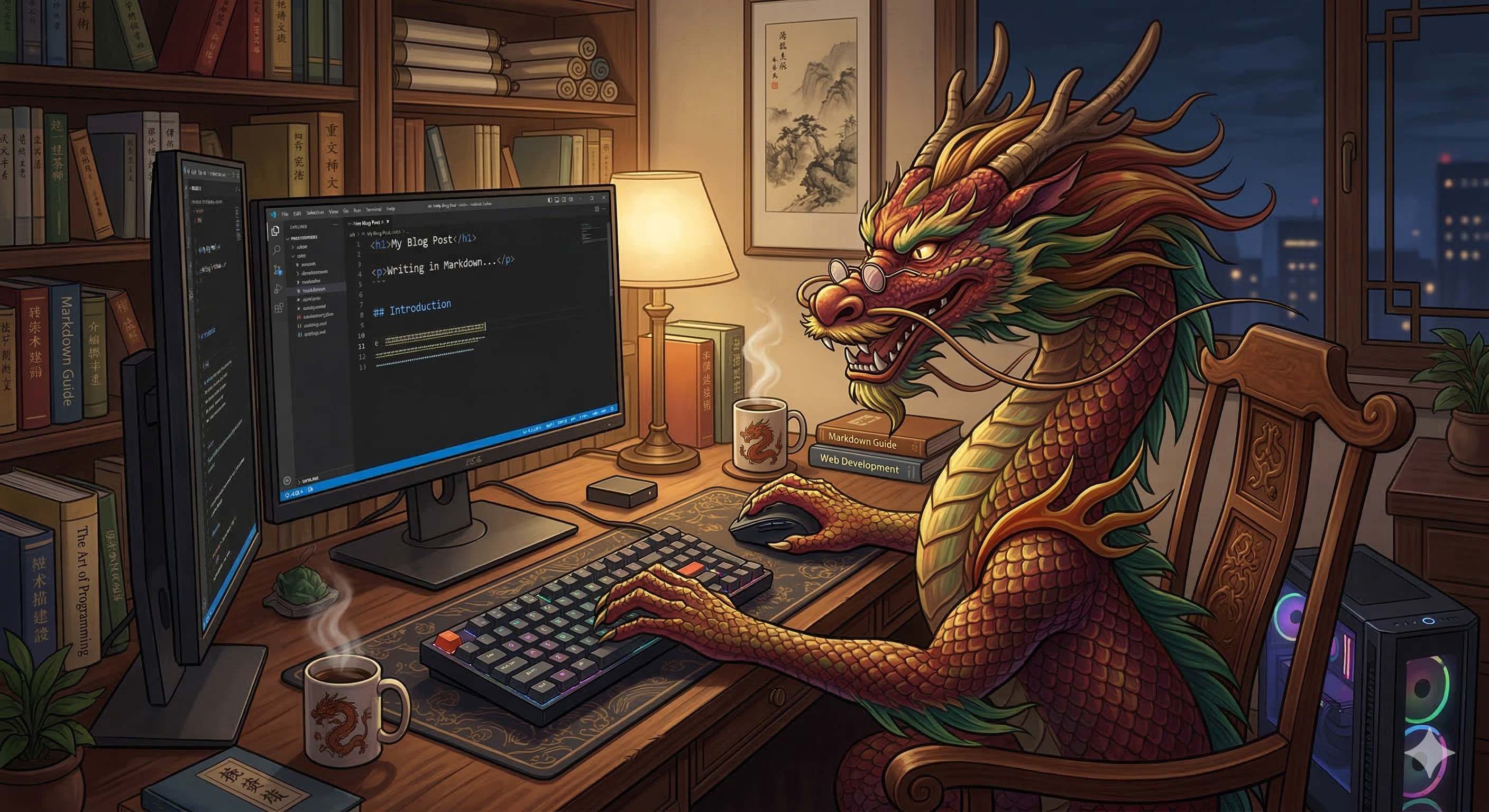 A dragon typing on his laptop.